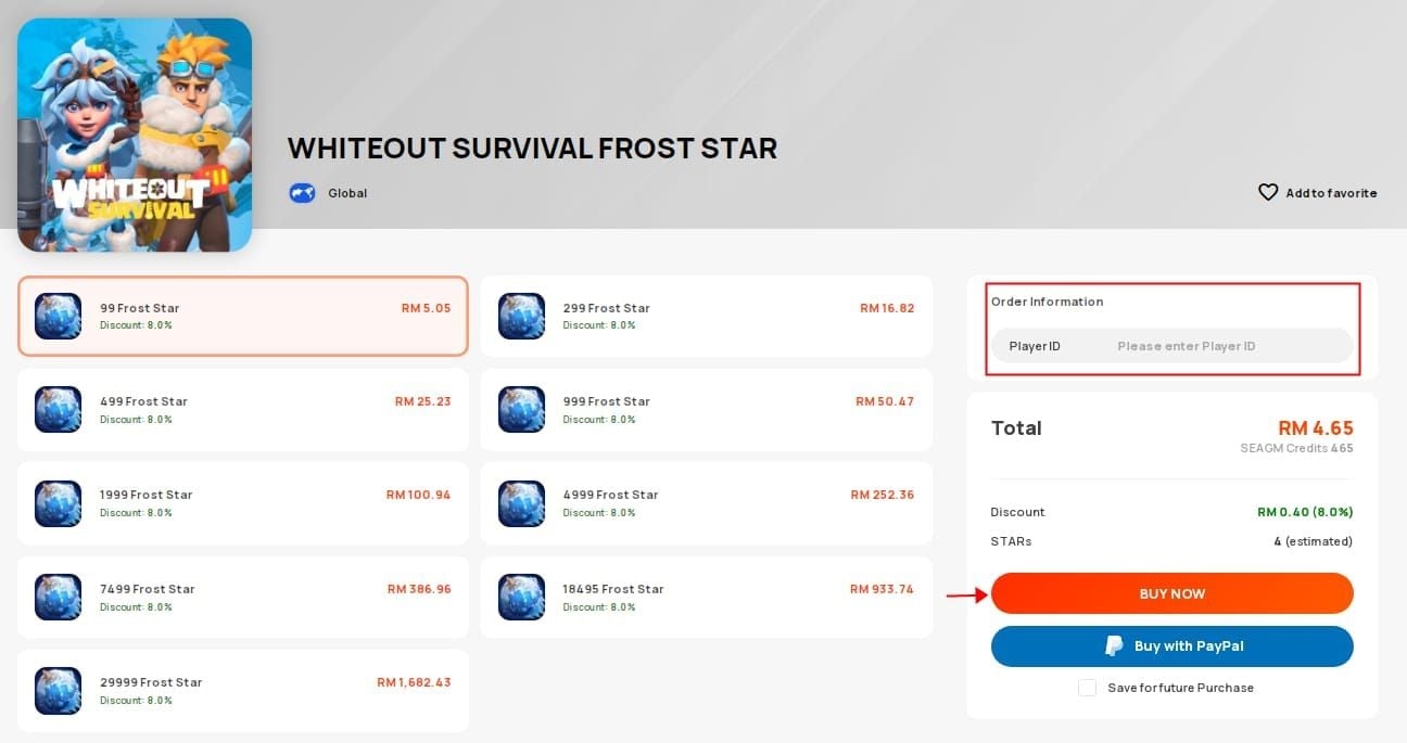 Whiteout Survival Frost Star top-up package comparison table with prices and FS per dollar rates