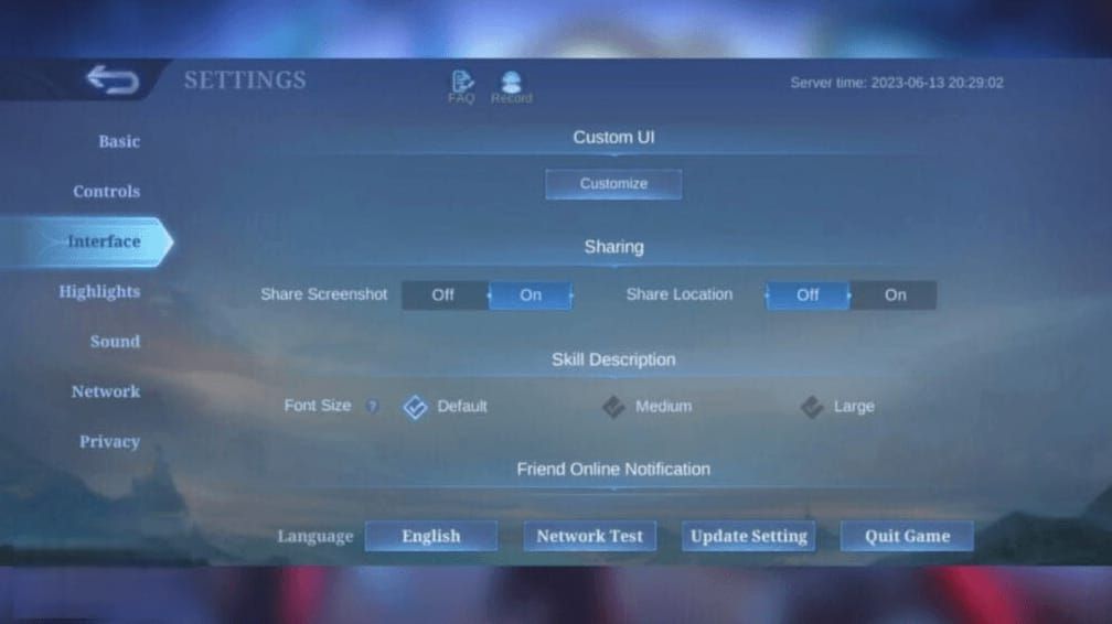 Mobile Legends Bang Bang settings menu with aim panning enabled