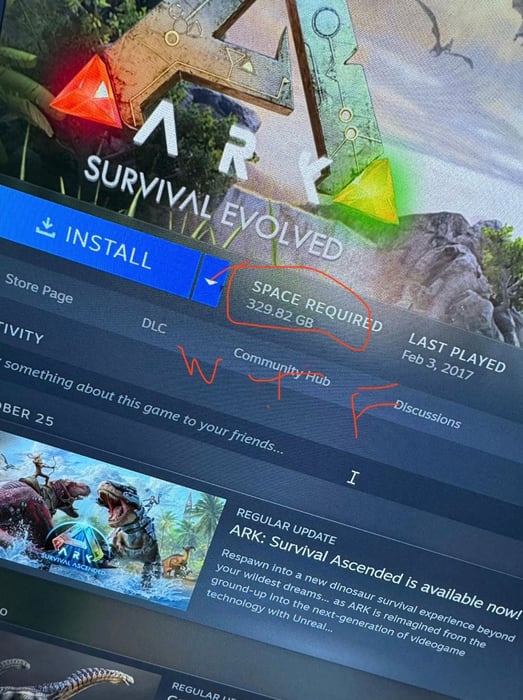 Kapasitas "Ark: Survival Evolved" hampir 330GB, dan pemain yang kembali ke game tersebut akan langsung "crash"