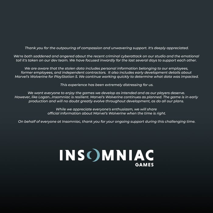 Insomnia Group responds to the internal document leak: It is greatly hurt but "Wolverine" will still proceed as planned