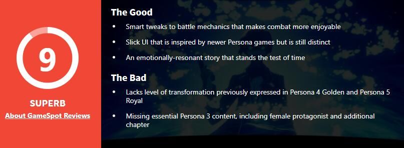 "Persona 3: Reload" mendapat skor rata-rata 89 dari media MC dan mendapat rating ganda 9 poin dari IGN/GS